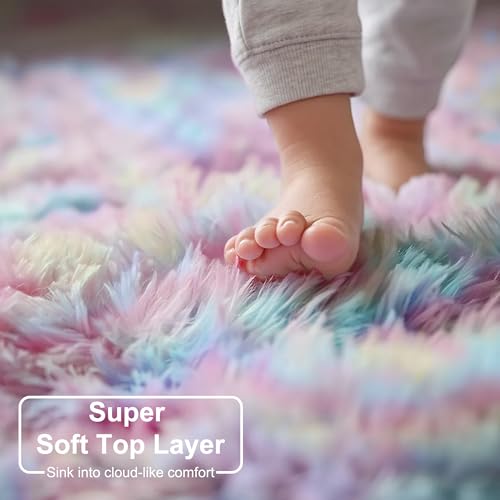 Rainbow Fluffy Kids Rugs for Girls Bedroom, Unicorn Room Decor Aesthetic, 5x8 Colorful Pastel Shag Area Rugs for Playroom Nursery Classroom, Cute Fuzzy Kawaii Princess Carpet for Baby Toddler Teen