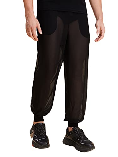 WDIRARA Men's See Through Mesh Loose Pants Sheer Joggers with Pocket Party Club Pants