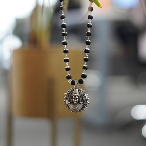 Image of Japam Silver Karungali Necklace with Murugan Vetri Vel Pendant | Black Wood Spiritual Mala for Men | Puja & Meditation | Certificate of Authenticity