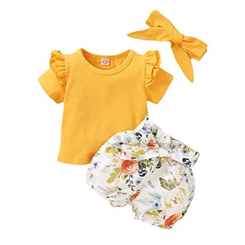 Baby Girl Clothes 12-18 Months Infant Girls Short Sets 3 PcsShort Sleeve Ruffle Romper+ Floral Pants+Headband,Yellow Flower 12-18 months/100cm