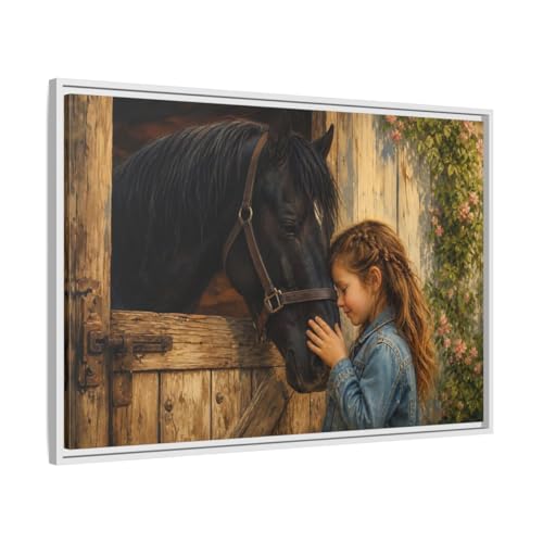 Tableau cheval et fille encadré 90x60 cm pour décoration de chambre d'enfant