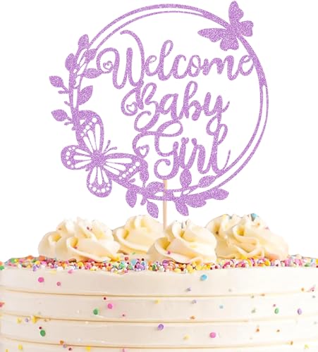 AHAORAY Welcome Baby Girl Cake Topper - Light Purple Glitter Baby Shower Cake Decorations, Baby Girl Cake Decor, for Baby Shower/Birthday Party/Gender Reveal Party Photo Booth Props
