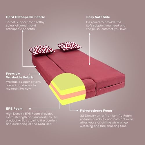 Image of Seventh Heaven 3 Seater 72x44x10, Low Floor Sofa Cum Bed Jute Fabric Fabric with 3 Cushions 3 Seater Double Foam Fold Out Sofa Cum Bed (Finish Color - Maroon Delivery Condition - Pre-Assembled)