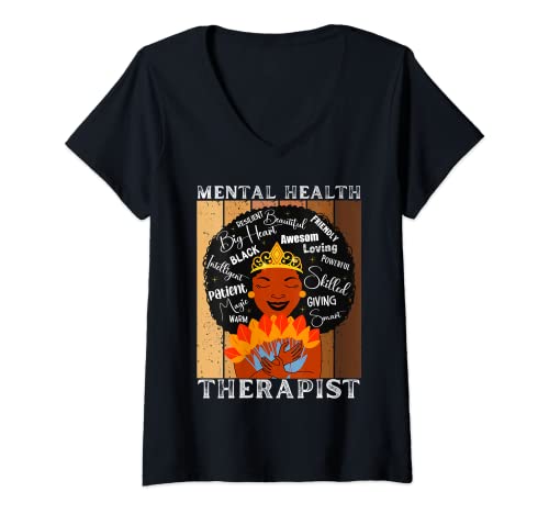 Womens Black Mental Health Therapist Queen Black History Month V-Neck T-Shirt