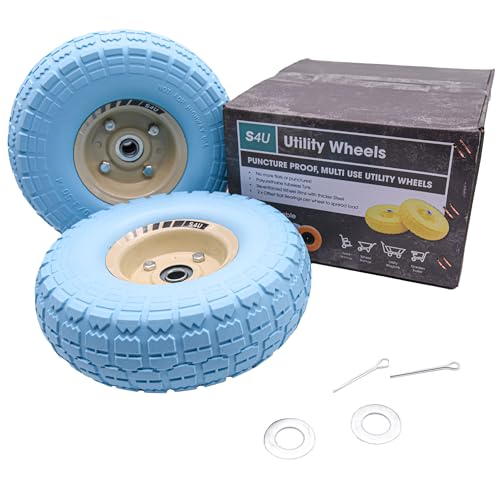 S4U 2x10” Sack Barrow Hand Truck Trolley Cart Wheelbarrow Solid Wheel 3.5-4 PU Heavy Duty Puncture Proof 16mm Bearing Wheel Nylon locking nuts (Baby Blue)