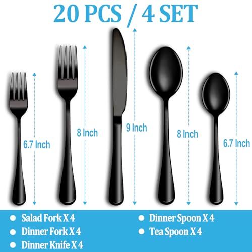 Image of 20 Pcs Black Silverware Set, Stainless Steel Flatware Set Service for 4, Mirror Polished Cutlery Utensil Set, Durable Home Kitchen Eating Tableware Set, Include Fork Knife Spoon Set, Dishwasher Safe