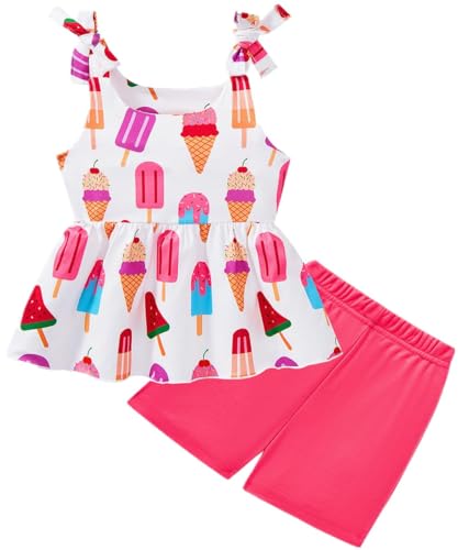 Image of Toddler Girls Clothes Summer Short Set Outfit Tie Knot Shoulder Sleeveless Ruffle Tops and Shorts 2PC Clothing Set
