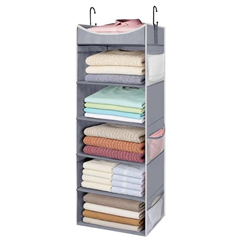 roomtalk 5-Shelf Hanging Closet Organizer and Storage with Side Pockets, Collapsible Closet Hanging Shelves for Storage, Grey