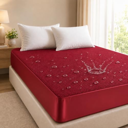 Image of BSB HOME Waterproof Terry Mattress Protector, Soft Cotton Terry Mattress Cover with Deep Pocket Fitted Sheet Style, Breathable & Noiseless Bed Protector, Single Bed- 36 x 72 +9 Inches - Maroon