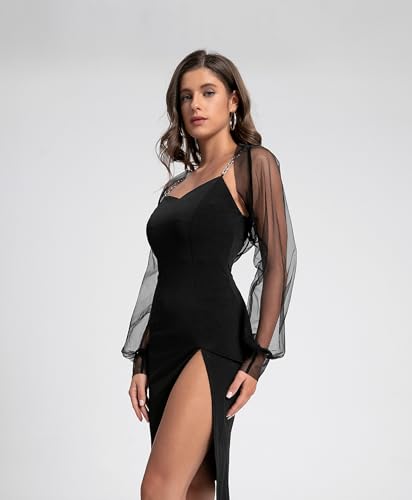 Image of Women's Mesh Bolero Shrug,Long Sleeve Sheer Cardigan for Dress,Y2K Sheer Bolero Jacket Open Front Mesh Crop Top