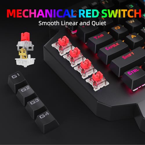 Wireless One Handed Mechanical Gaming Keyboard, 6 Onboard Macro Keys, 2.4Ghz and USB-C Wired Dual Mode, RGB Led Backlit Red Switch, Wrist Rest, Durable Battery