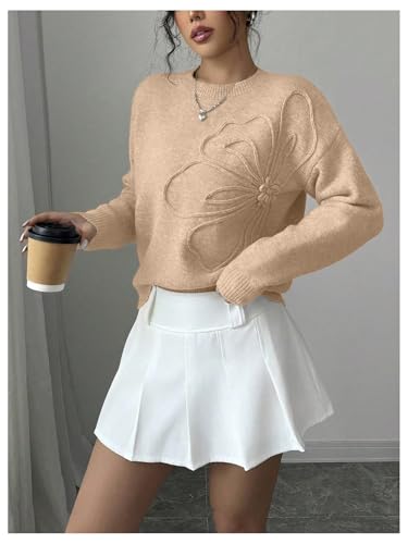 Image of RoseSeek Women's 3D Floral Appliques Crewneck Sweaters Long Sleeve Drop Shoulder Pullovers Elegant Knit Tops
