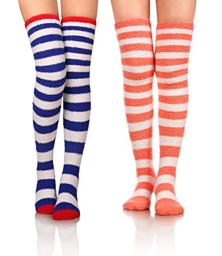 Wander G Womens Over Knee High Fuzzy Socks Cute Cartoon Thigh High Stockings Warm Stripe Leg Warmers, 2 Pairs Striped, One size