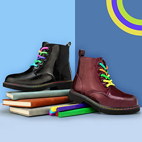 Hawkwell Girls Boys Combat Work Boots Side Zipper Ankle Boots With Rainbow Lace Up,Burgundy Patent Pu,11 M Us Little Kid #TOP5