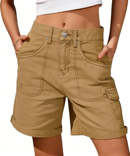 Generisch Cargo Shorts Damen Khaki Kurze Arbeitshose Multi Taschen Laufshorts High Waist Bermuda Wanderhose Workout Stretch Lounge Cargohose Baggy Sommerhose Leicht Hosen Outdoor Sweatshorts,S