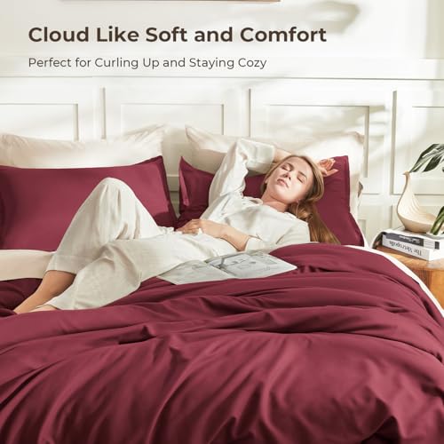 Image of Litanika Burgundy Red Comforter Set Full Size, 3 Pieces Lightweight Solid Bedding Comforter Set, All Season Fluffy Bed Set (79x90In Comforter & 2 Pillowcases)