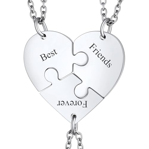ChainsHouse Puzzle Friendship Necklace Stainless Steel BFF Necklace, 2/3/4/5/6/7/8pcs Personalized Matching Heart Pendant Friendship Necklaces for Women Men, Send Gift Box b: Heart-Steel-3Pc