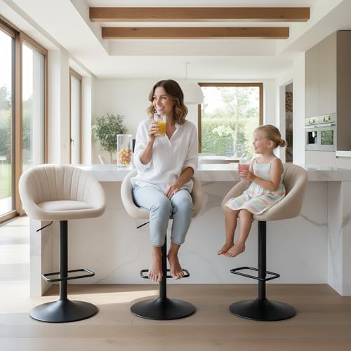 ROCITY Set de 2 Butacos Regulables Giratorios para Barra, Terciopelo Beige | Butacos Modernos de Altura para Isla de Cocina con Espalda y Base de Metal, Sillas Tapizadas miniatura 3