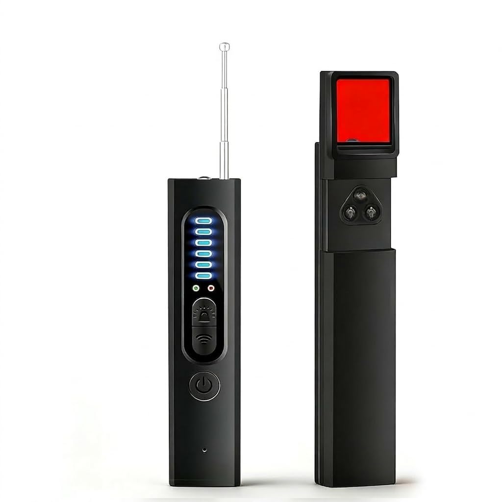 Détecteur de Caméra Cachée 4-en-1 avec Détection de Micro Espion & Traceur GPS Balayage Optique LED IR 5 Niveaux de Sensibilité Alarme Sécurité Anti-Espionnage pour Maison Bureau Hôtel Voyage