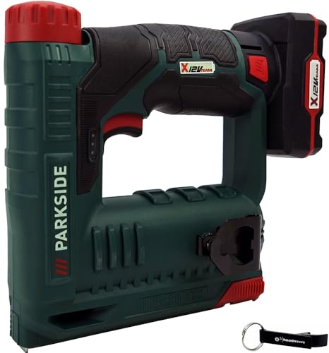 HEADNMORE® Parkside® - Pinzatrice a batteria 12 V PAT 12 (con batteria da 4 Ah inclusa) + portachiavi