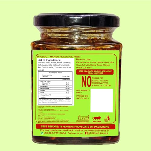 Image of Being Bania Homemade Oil Free Mango Pickle in Jar, 250g | Aam ka Achar | Authentic and Traditional Flavours | No Added Preservatives & Additives | Chatpata Achar | Gourmet Pickles | Oil Less