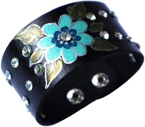 Limited Edition Adjustable Black Leather Cuff Bracelet with Rhinestone Studs and Painted Turquoise Blue Flower Design Bohemian Jewelry for Women