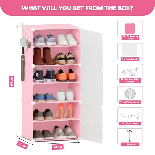 Image of amazon basics DIY Foldable Shoe Rack | 6 Layer Plastic Shoes Rack with Door Cover | Multipurpose Stand for Home & Entryway Pink