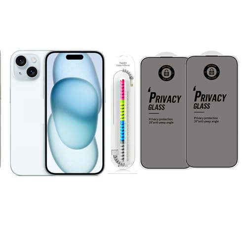 Image of Edge To Edge Privacy Tempered Glass Screen Protector Compatible With iPhone 15, 9H Hardness, Anti-Fingerprint, FHD Clear With Cable Protector Pack 2