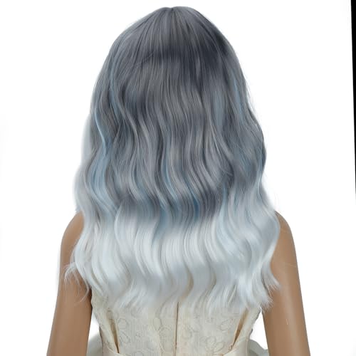 Image of PATTNIUM Girls Gray Ombre White Short Wavy Curly Wig with Bangs Kids Grey Ombre Bob Wigs Synthetic Halloween Costume Cosplay Party Wigs