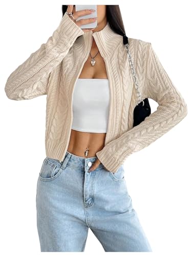 Image of MakeMeChic Women's Cropped Cable Knit Sweater Zip Cardigan Fall Clothes