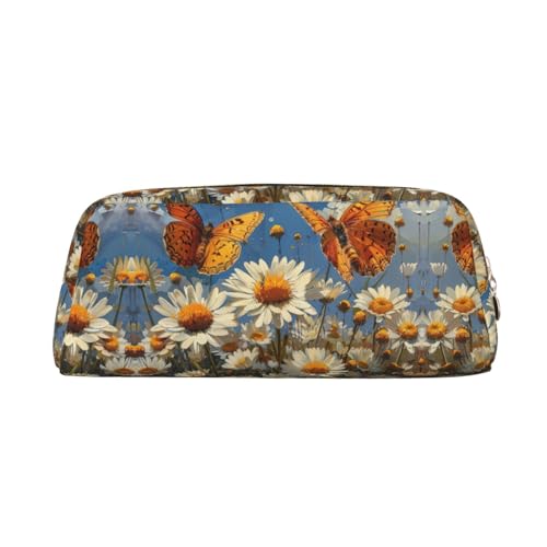 Astuccio pelle semicircolare per penne e trucchi con margherite bianche e farfalle da viaggio ideale come astuccio per matite e e per riporre tutti i giorni
