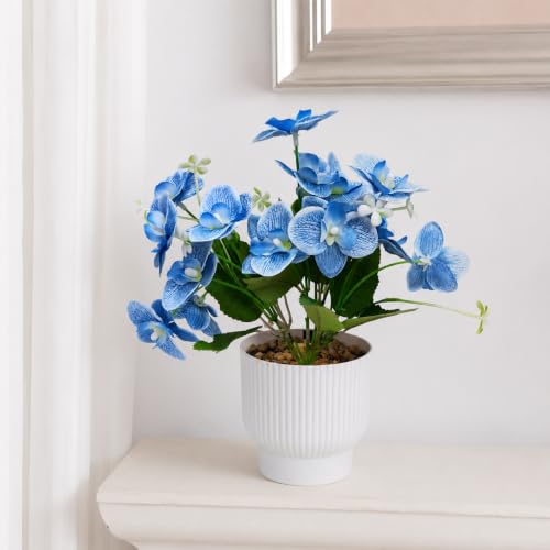 Image of CURATED CART Flower Pot with Artificial Flowers - Orchid Blue Flower with White Vase | Ideal for Home Decor | Office Decor | Gifting | Size 25 x 15cm