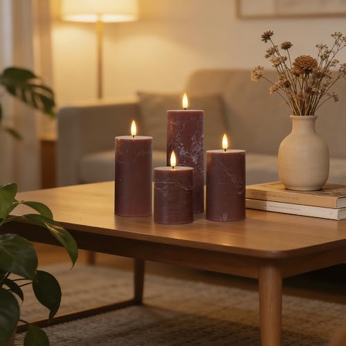 Image of Flameless Pillar Candles with Remote, Real Wax Battery Operated Decorative Candles, Brown Home Decor for Table, Fireplace Mantle, Entryway, Set of 4