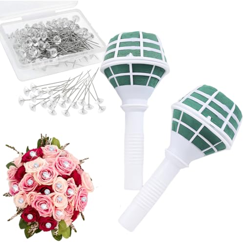 2 PCS Bride Flower Bouquet Holder with 50 PCS Bouquet Pins Foam Floral Bouquet Handle Wedding Bouquet Handle Holders for Fresh and Artificial Flower Arrangements Wedding Supplies Decoration
