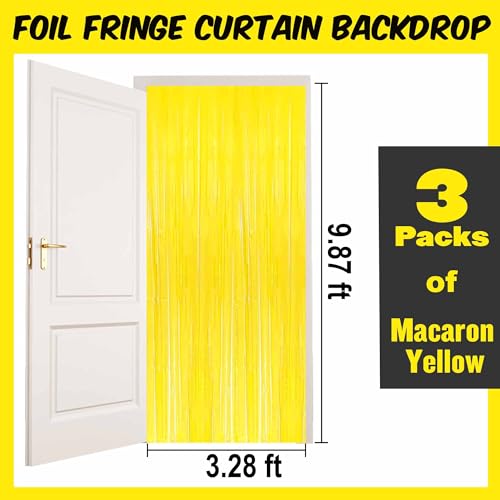 Image of 3 Pack Macaron Yellow Foil Fringe Curtains Backdrop, 3.28 x 9.8 Ft Metallic Streamers Tinsel Curtains Background for Photo Booth, Birthday, Halloween, Christmas, New Year Party Decorations