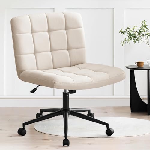 Image of Nutech Decor Armless Office Desk Chair - Linen Fabric Padded Swivel Adjustable Home Office Chair with 360 Wheels, Wide Criss Cross for Desk, Living Room (ND-Linen-Beige-Wheel)