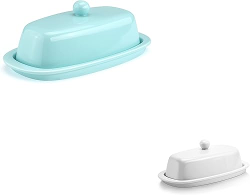 Yedio Mantequillera de porcelana con tapa blanca y turquesa
