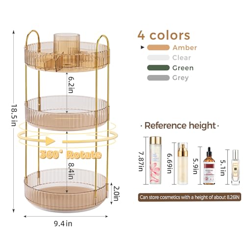 Image of 360 Rotating Makeup Organizer, Upgraded 3 Tier Skincare Perfume Organizers for Women, Bathroom Organizer Countertop, Clear Cosmetic Dresser Organizer with Makeup Brush Holder, Sink&Counter(Amber)