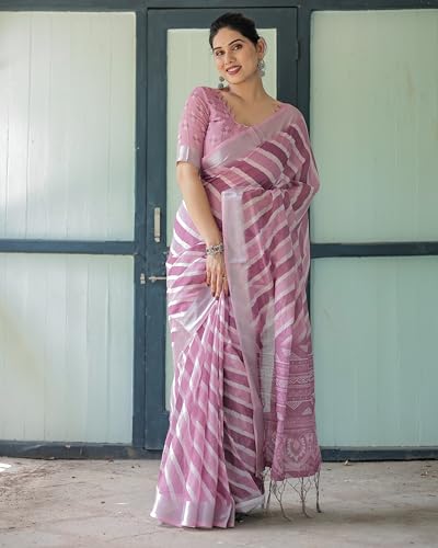 Image of Kaugalian store Linen Cotton Floral Printed Saree for Women with Unstitched Blouse Piece | 5.5 M Saree & 0.8 M Blouse