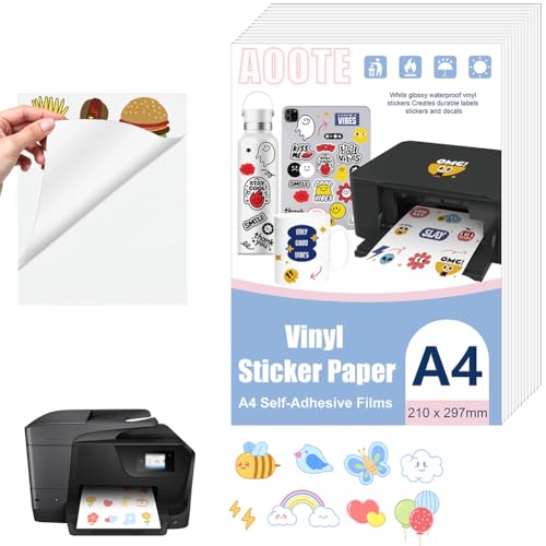AOOTE Papel Adhesivo de Vinilo Blanco A4, 12 Hojas, Impermeable y Seco Rápido para Impresoras Láser & de Inyección de Tinta, 297x210mm