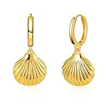 Pendientes de aro colgantes de concha dorada para mujeres y niñas, chapados en oro, estilo bohemio, con conchas marinas, minimalistas, pulidos, gruesos, elegantes, para la playa, hipoalergénicos