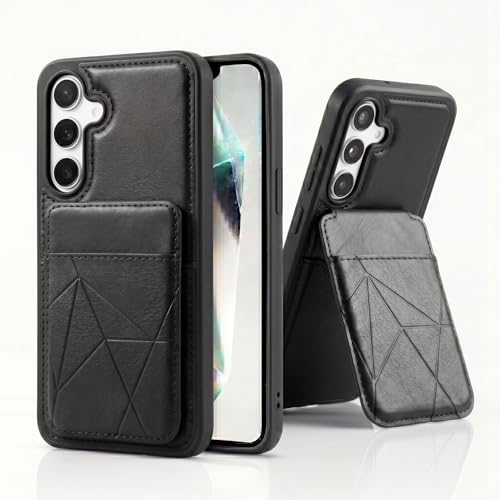Image of amazon basics Premium Vegan Leather Back Cover with Card Holder and Integrated Mobile Stand for Samsung Galaxy S24FE 5G - Slim Shockproof Wallet Case with Geometric Stitching [Black]