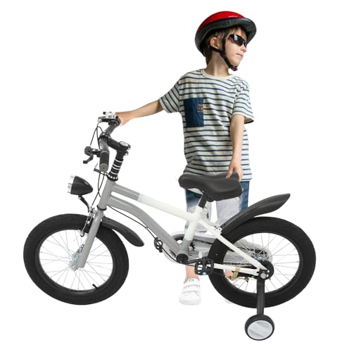 CUMELLIIR Bicicleta Niños 16 Pulgadas Chicos, Bicicleta Con Ruedas De Soporte Y Luz, Regulación De Altura, Bicicleta De Alto Carbono Y Acero Para Niños De 4 5 6 7 Años De Gris