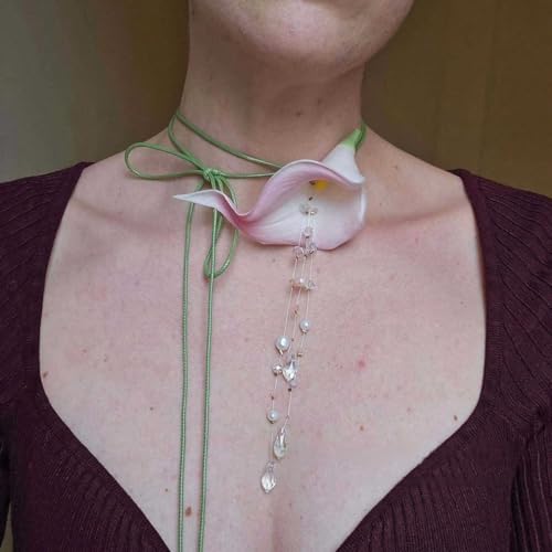 Flower Necklaces For Women, Calla Lily Flowers Choker Necklace Colorful Adjustable Ribbon Wrap Pearl Crystal Tassel Statement Jewelry Gifts2