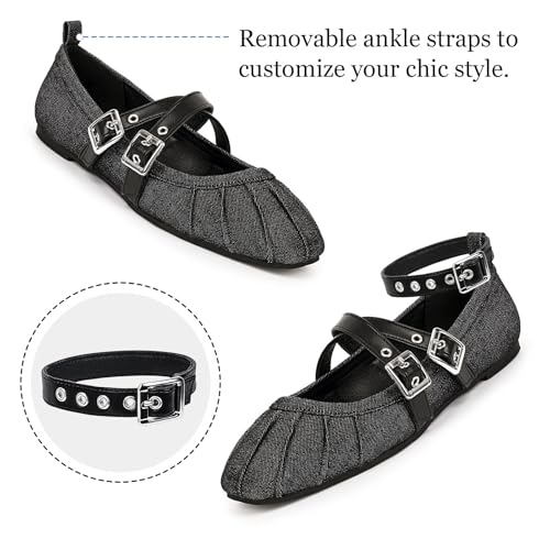 MUSSHOE Denim Mary Jane Shoes: Comfortable Dress Shoes for Women Cross Strap & Detachable Ankle Strap Design Square Toe Flats for Students Casual Shoes– Embrace Ease & Grace3