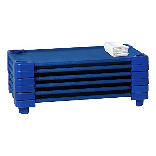 Image of Sprogs Heavy-Duty Stackable Standard Size 52 inchL Daycare Cots for Kids and Toddlers, Stacking Preschool Classroom Kids Cots for Sleeping, Resting, Naptime, Pack of 6, Blue
