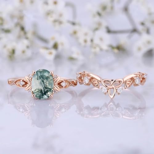 Moss Agate Engagement Ring for Women 1CT Pear/Oval Cut Ring S925/10K/14K/18K Nature Inspired Leaf Floral Moss Agate Ring Unique Celtic Knot Ring Set Gift For Her Size3-163