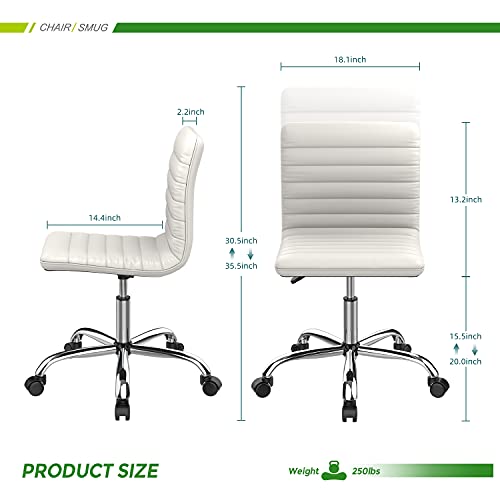 Smug Armless Leather Swivel Task Mid Back Ribbed Home Office White Desk Adult Child, Vanity Chair, 14.4D X 18W X 35.5H #TOP2
