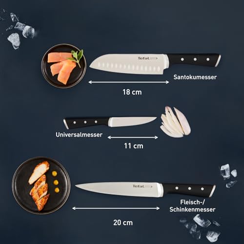 Foto von Tefal Ice Force Messerblock aus Holz, 5 Messer, Brotmesser 20 cm, Chefmesser 20 cm, Santokumesser 18 cm, Gemüsemesser 11 cm, Tranchiermesser 9 cm, Edelstahl, braun/schwarz, K232S5