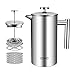 OZAVO Cafetera de Émbolo Individual Prensa Francesa Cafetera Acero Inoxidable con 3 Filtros Gratis Capacidad 1L- Color Plateado